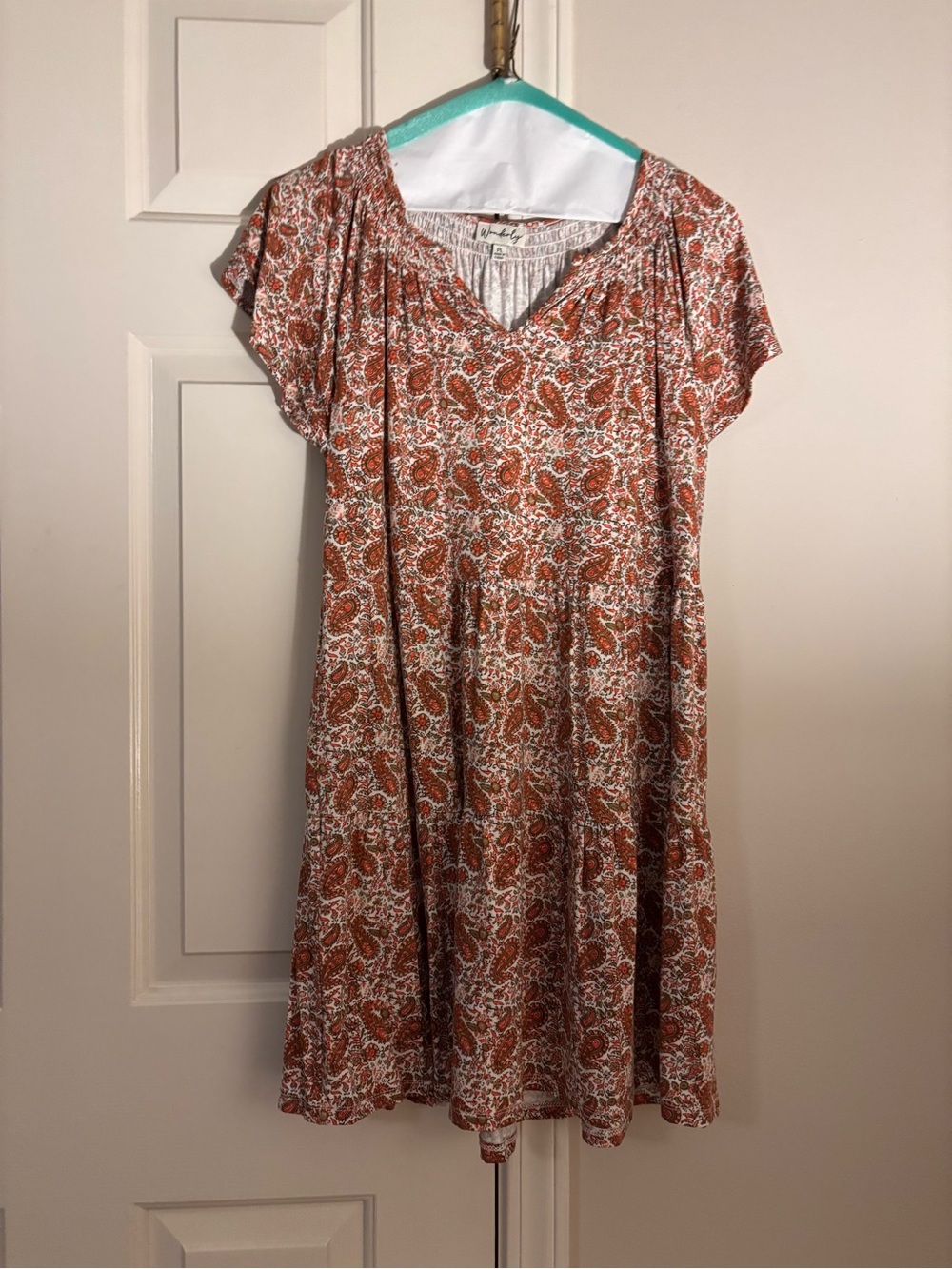 Wonderly Rust Paisley V-Neck Short Sleeve Dress